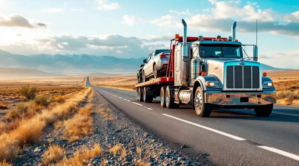 A professional Safe Rack Towing flatbed truck hauling a luxury SUV on a long highway stretch outside of Vancouver at dawn.