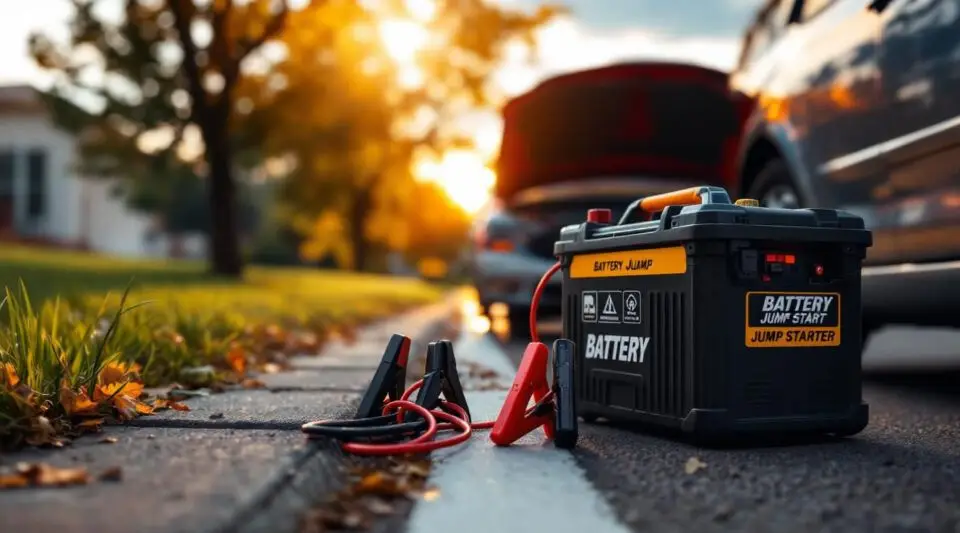 Safe Rack Towing operator jump-starting a car battery on a rainy Vancouver roadside with heavy-duty booster cables.