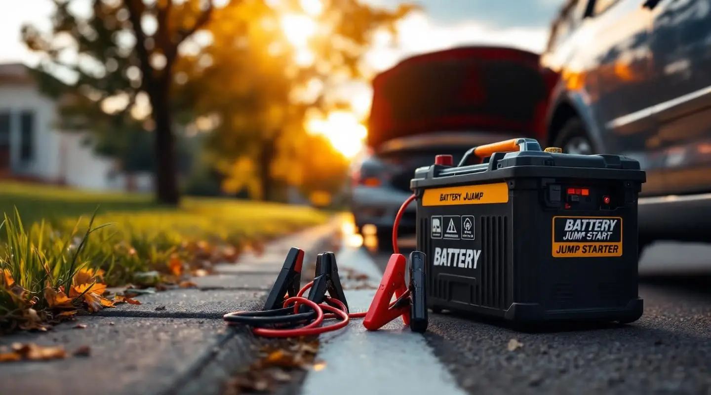 Safe Rack Towing operator jump-starting a car battery on a rainy Vancouver roadside with heavy-duty booster cables.