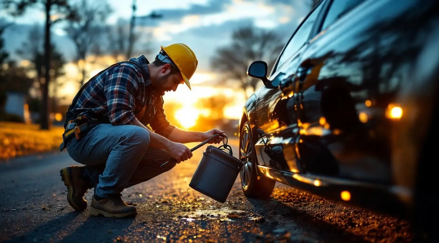 A professional tow operator using specialized lockout tools to safely unlock a sedan door in Vancouver under rainy skies.