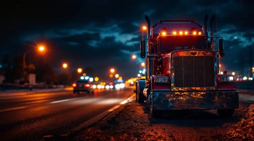 Safe Rack Towing flatbed tow truck assisting a stranded driver on a wet Vancouver highway shoulder at dusk with amber lights.