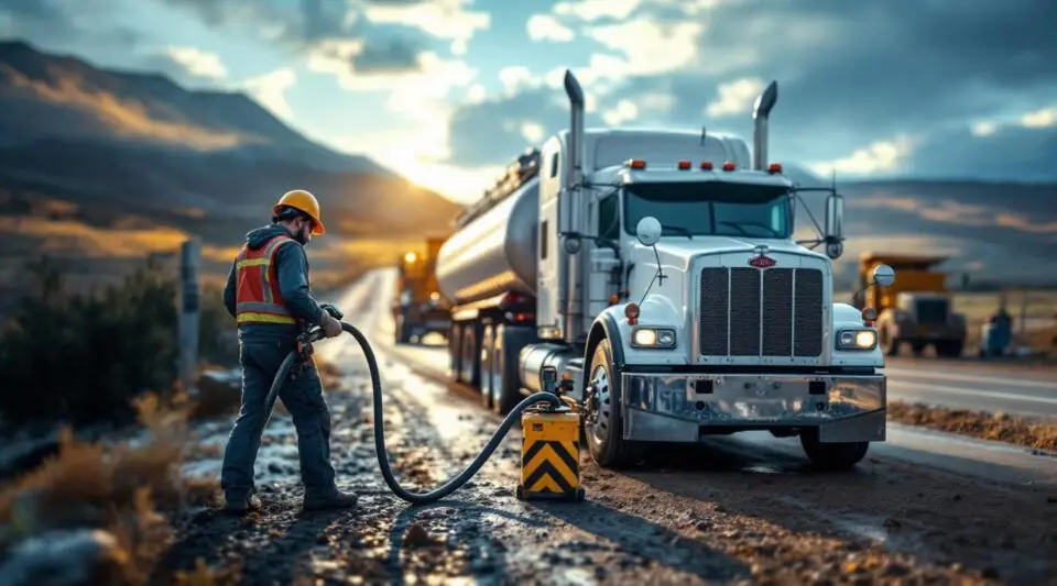 Safe Rack Towing operator pouring fuel from a safety container into a stranded vehicle on a rainy Vancouver highway shoulder.