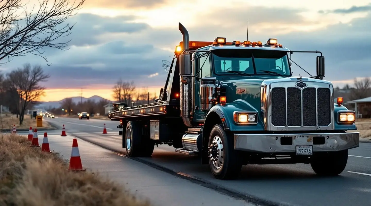 A modern flatbed tow truck safely loading a vehicle on a Vancouver roadside at dusk, showcasing hydraulic tilt deck.