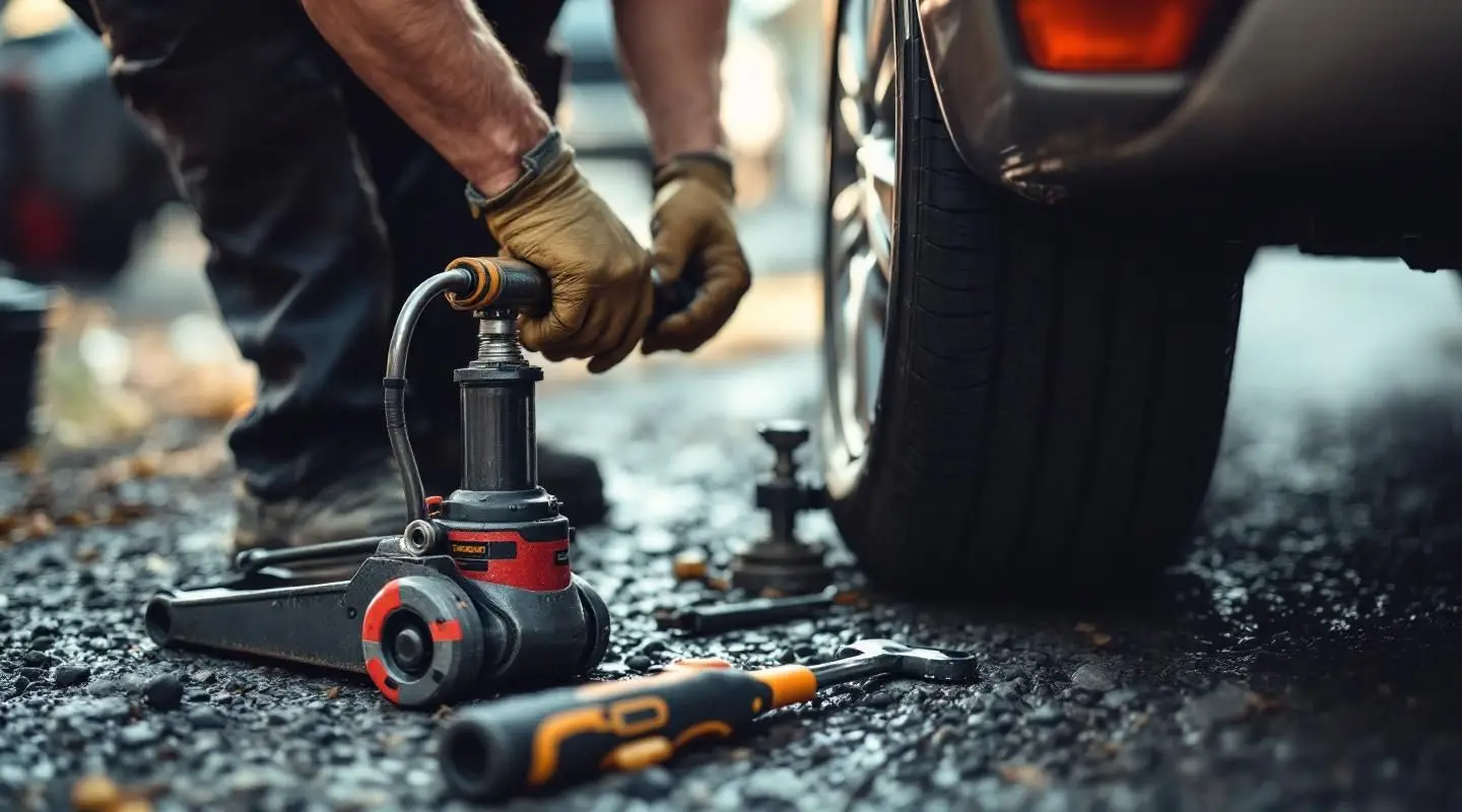 Safe Rack Towing operator using a hydraulic jack to change a flat tire on a vehicle roadside in rainy Vancouver.