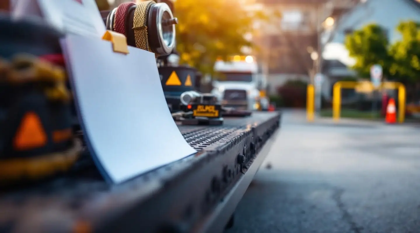 Safe Rack Towing flatbed truck removing an illegally parked car from a commercial parking lot in Vancouver under evening lights.