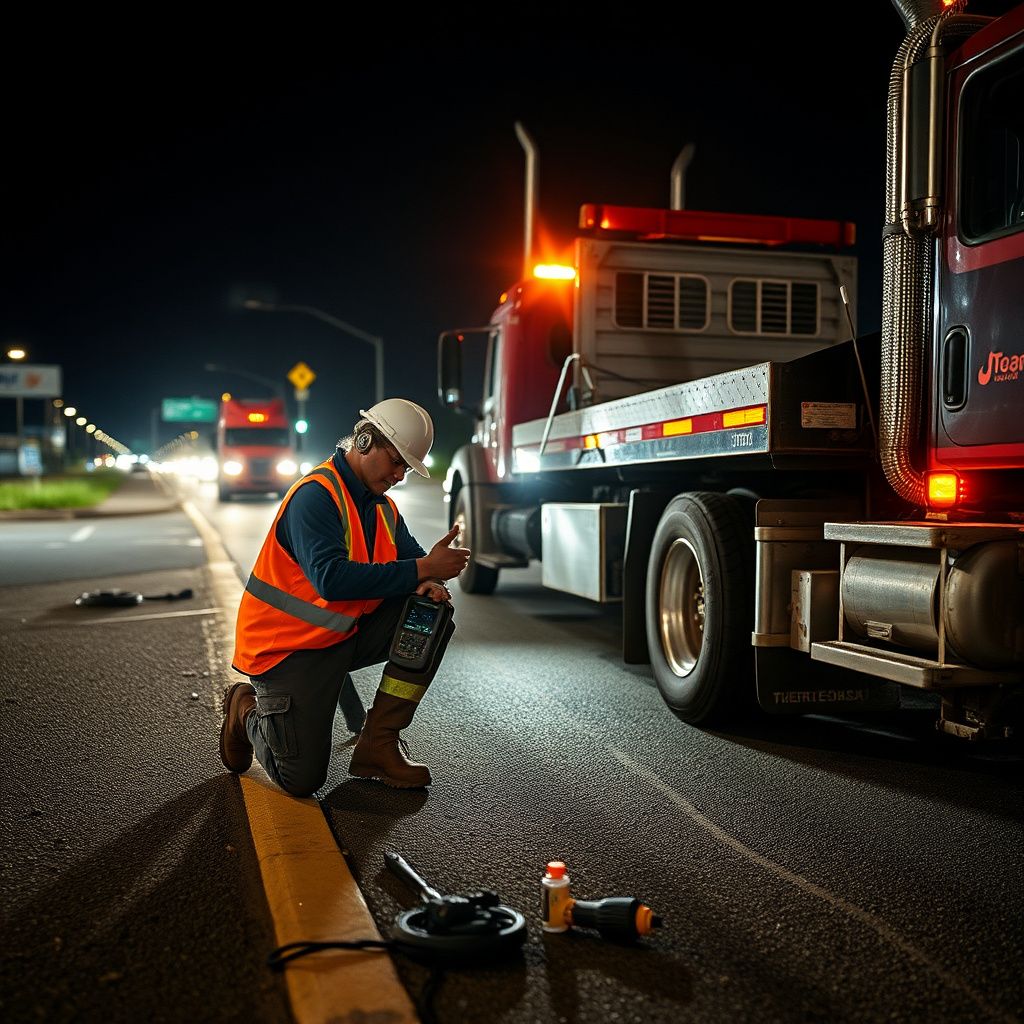 A professional tow truck operator in high-visibility safety gear preparing a flatbed tow truck in Delta, BC.