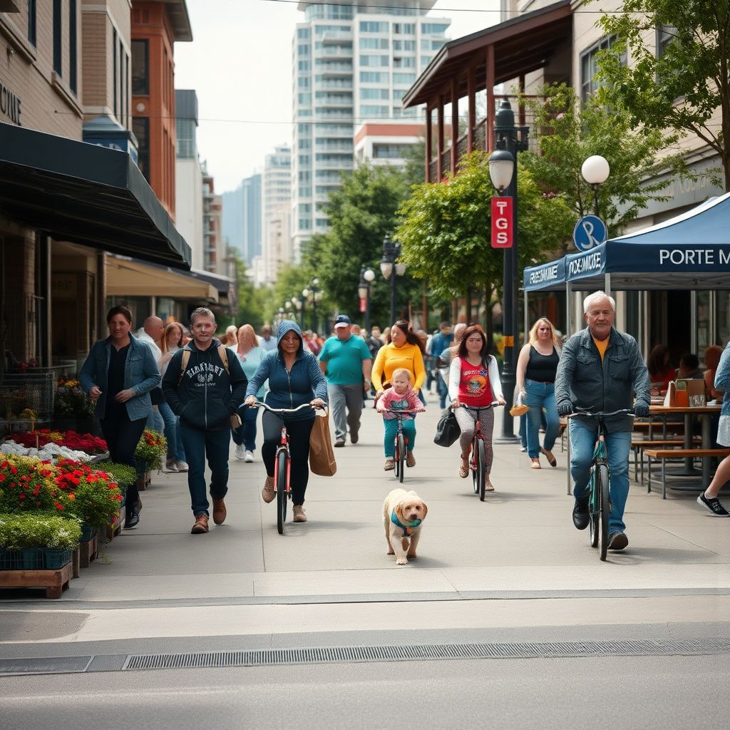 A historic streetscape in Moody Centre, Port Moody, BC, showing heritage buildings and modern transit infrastructure.