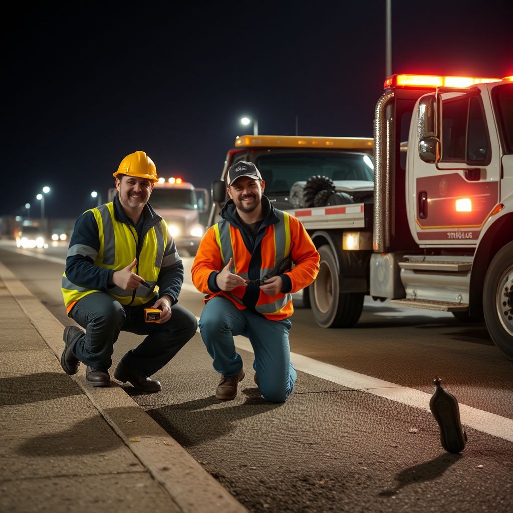 A professional tow truck operator in high-visibility safety gear securing a vehicle on a flatbed in Maple Ridge, BC.