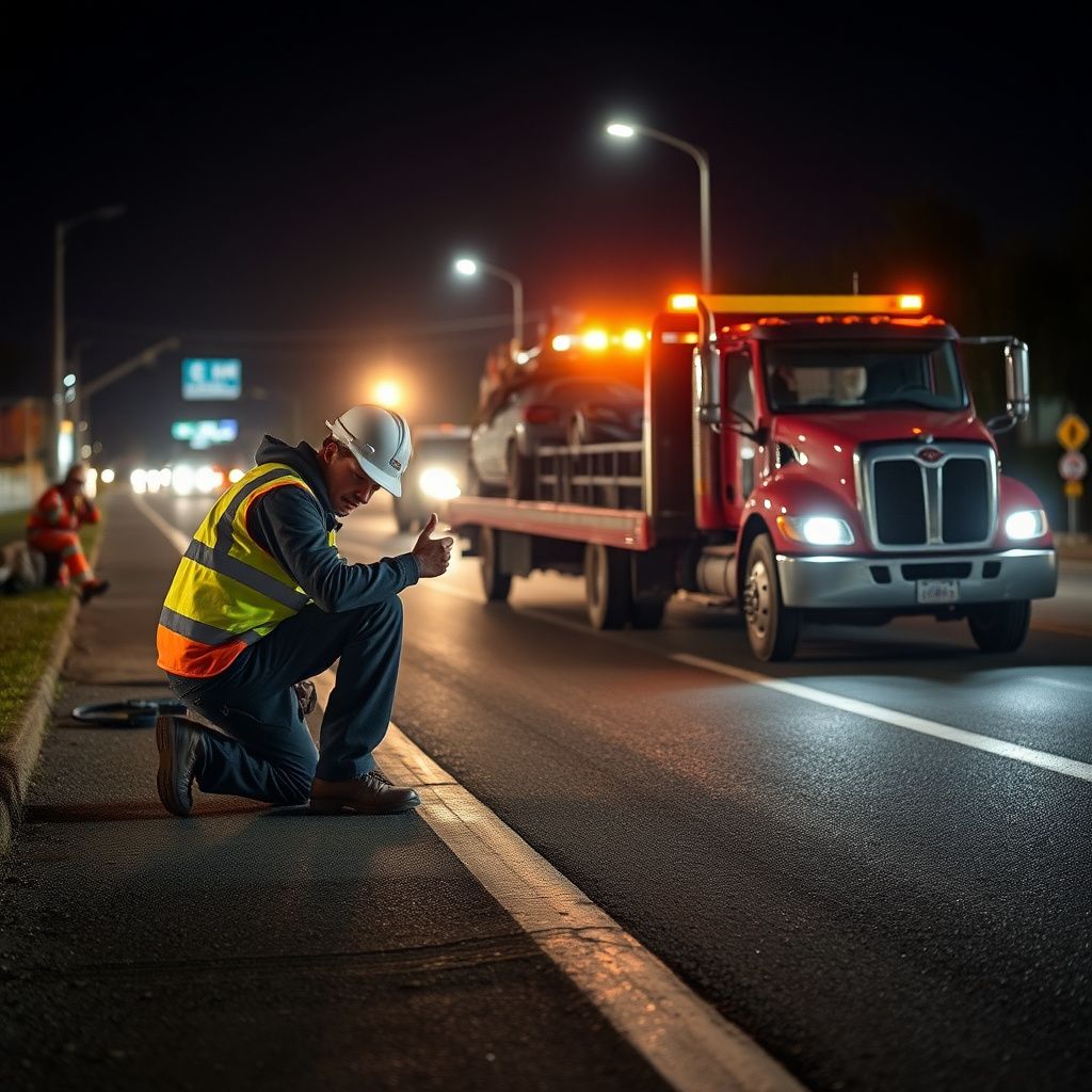 A tow truck operator in high-visibility safety gear preparing a flatbed truck on a wet road in Coquitlam, BC.