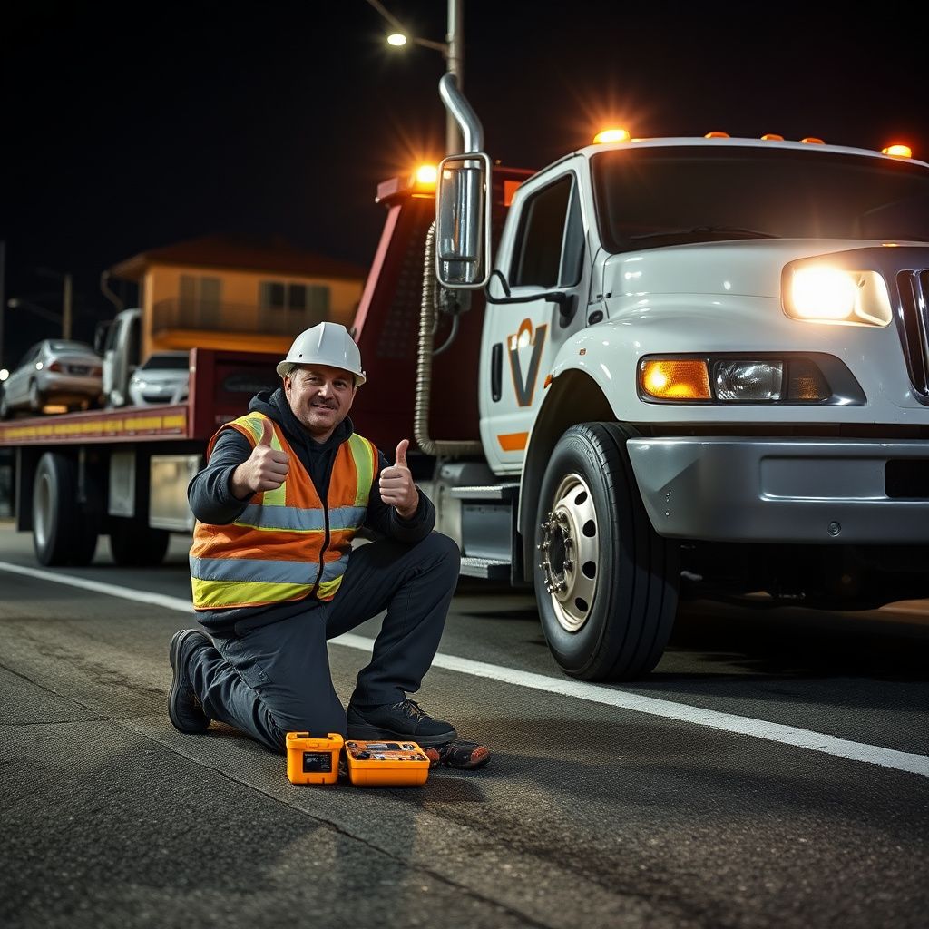 A tow truck operator securing a vehicle on a flatbed carrier during a rainy evening in Port Moody.