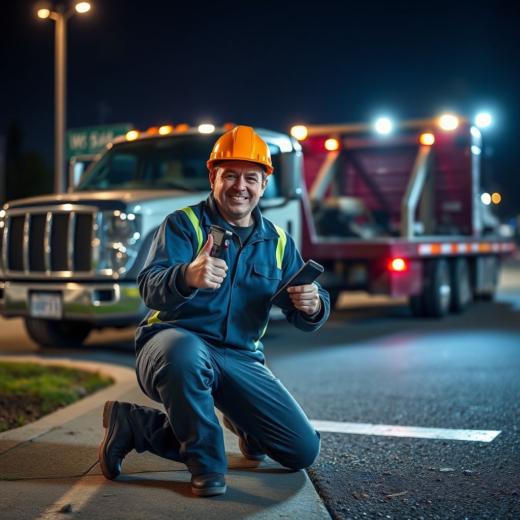 A clean, professional flatbed tow truck parked safely on a residential street in Burnaby, BC.